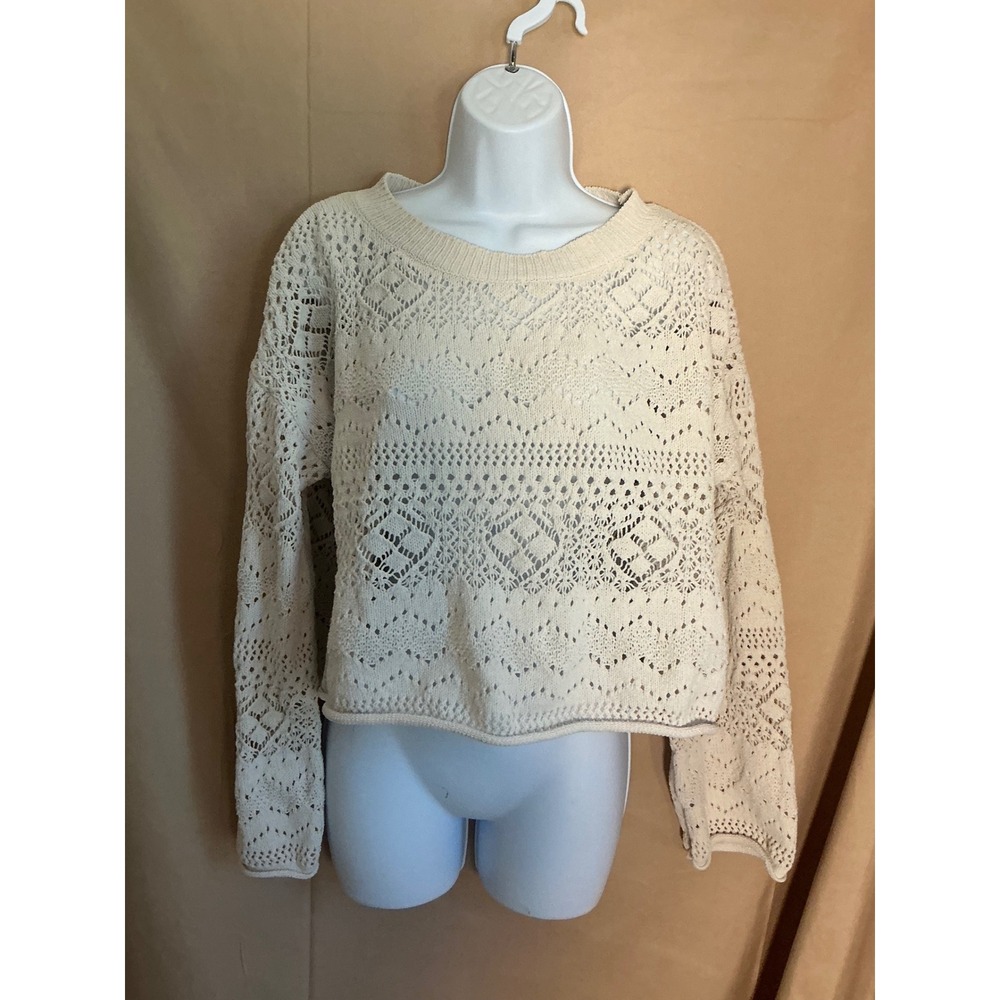 Hippie Rose Crochet Knit Sweater Womens Large Ivory Excellent Boho Cropped Top